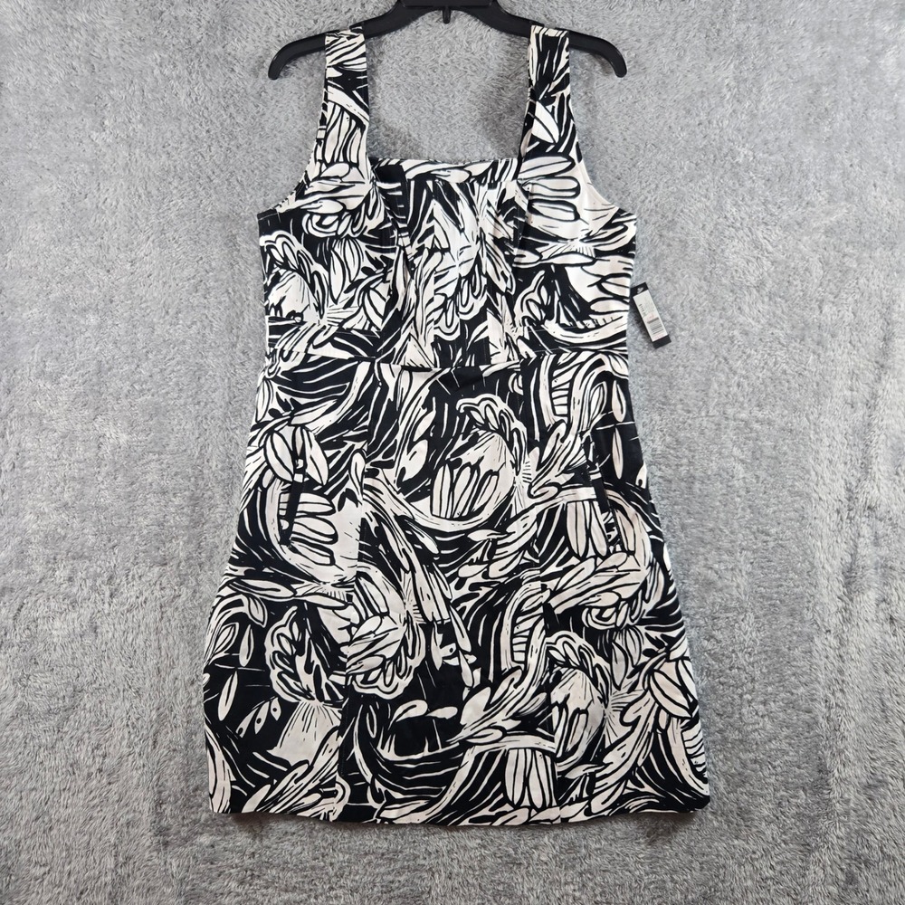 Madison Women 14 Black White Abstract Floral Sheath Dress Cotton Spandex 1041890
